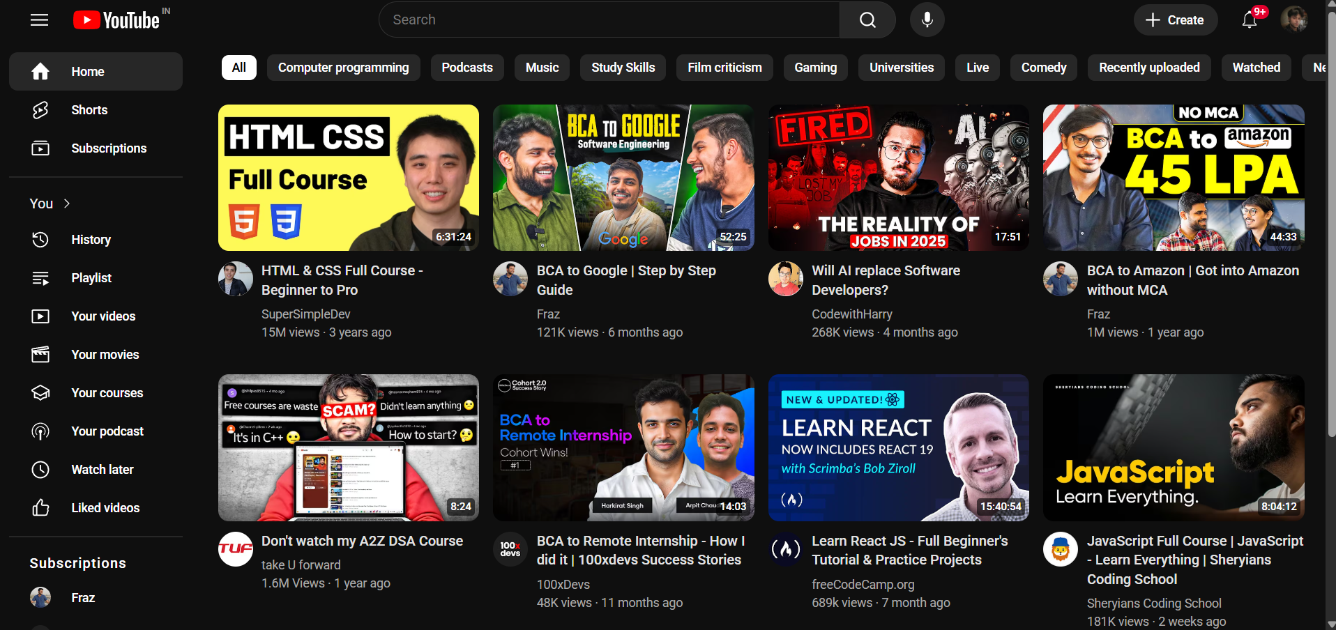 Screenshot of my YouTube Clone homepage UI